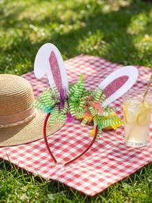 1个亮粉色兔耳朵发箍，带绿色金属丝和可爱吊坠，节日复活节派对服装发饰，女士拍照道具 - 彩色 - 查看 8