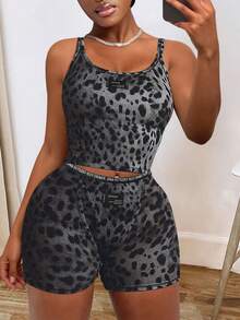 LovelyWholesale Women'S Casual Leopard Print Vest Top And Shorts Set Summer Vacation Outfits For Women - Black - View 2