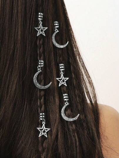 6件套星月图案发圈套装，金色月亮，星星发饰，独特脏辫装饰，化妆及派对节日发饰，节日发夹，发卡，头饰，发卡