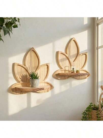 1/2 Pcs Natural Wood Lotus Flower Wall Shelf - Bohemian Zen Floating Rack, Arched Leaf Design, Pine Wood Material, Minimalist Wall-Mounted Storage Shelf, Suitable For Living Room, Bedroom, Bathroom, Meditation Room - Space-Saving Decorative Storage Rack (Easy To Install)
