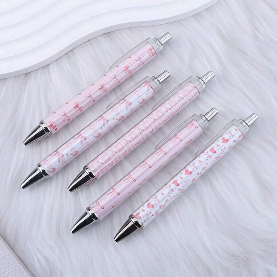 10pcs Pink Heart & Butterfly Design Ballpoint Pens, High Quality Quick-Drying, Cute Heart Shape, Suitable For Valentine's Day - Black - View 1