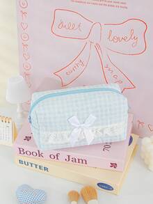 Carino borsa cosmetici imbottita in schiuma con motivo a griglia e a strisce, borse per il trucco con decorazioni in pizzo e fiocco, borsa per cosmetici con motivo a cartoni animati, borsa per cosmetici di grande capacità con cerniera, borsa per cosmetici a forma di cuore, borsa da toilette portatile, borsa da toilette a quadri - Multicolore - Visualizzare 19