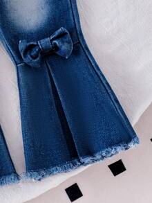 2pcs Baby Girl Cute Bow Print Short Sleeve Round Neck T-Shirt Top And Bowknot Denim Flare Leg Pants Set - White - View 6