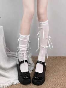 Thin Bowknot Gray Leg Warmers For Women, Sweet Lace Ruffle Cuff Mid-Calf Socks, Spring/Summer - Multicolor - View 1