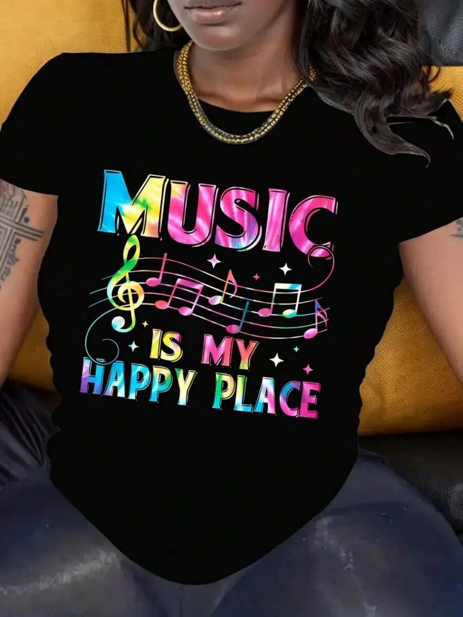 1pc Women' S Music Note Print Black TShirt, Crew Neck, Casual Cotton Tee Medium Stretch Knit Fabric, Regular Fit For Female Ladies For Spring/ Summer/ Fall, , New Year - 黑色 - 查看 1