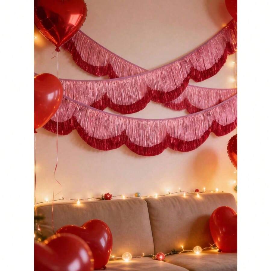 Pink Scalloped Metallic Tinsel Banner, Pink Fringe Backdrop 5.9 Ft Pink Foil Fringe Garland, Fringe Banner - Layered Party Tinsel Garland For Party Banners Bachelorette Decorations, Birthday Photo Booth Backdrop, Happy Birthday Decor, New Year Party Decor, Bridal Shower Wicked Banner - 彩色 - 查看 1