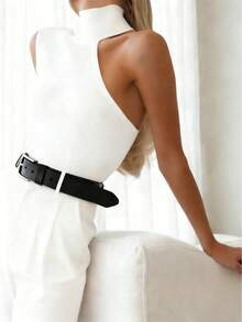 Solid Color Asymmetric Neckline Bodysuit White Elegant Fall - White - View 3