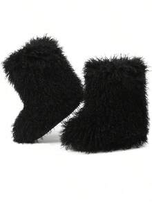 Winter Knee High Boots For Women Pull-On Faux Fur Boots Furry Fluffy Round Toe Fashion Boots Suede Comfy Plush Warm Knee High Boots Outdoor Indoor Flat Shoes Party Dressy Women Winter Boots - 黑色-D - 查看 4