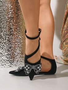 New Fashion Women's Pointed Toe Black Rhinestone Bow Mary Jane Shoes - Black - View 2