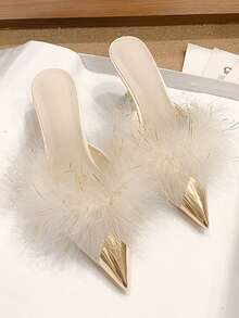 2026新款尖头金属羽毛装饰高跟鞋，性感优雅的女士派对鞋 - 米色 - 查看 5