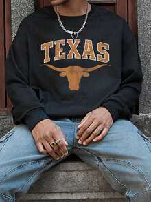 Sudadera De Cuello Redondo Casual Y Holgada Cómoda Para Hombres Con Gráfico Retro Del Longhorn De Texas Estadounidense, Estilo Callejero Hip Hop - 黑色 - 查看 2