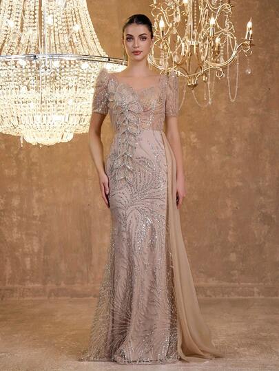 3D立体花朵串珠刺绣花瓣袖优雅性感美人鱼裙摆网纱晚礼服