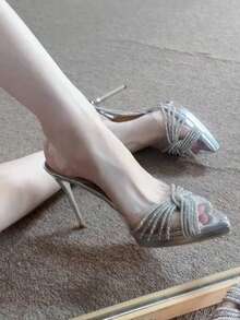 10cm High Heel Pointed Toe PVC Transparent Rhinestone Sandals, Summer 2026 New Backless Wedding Party Shoes For Women - Silver - View 5