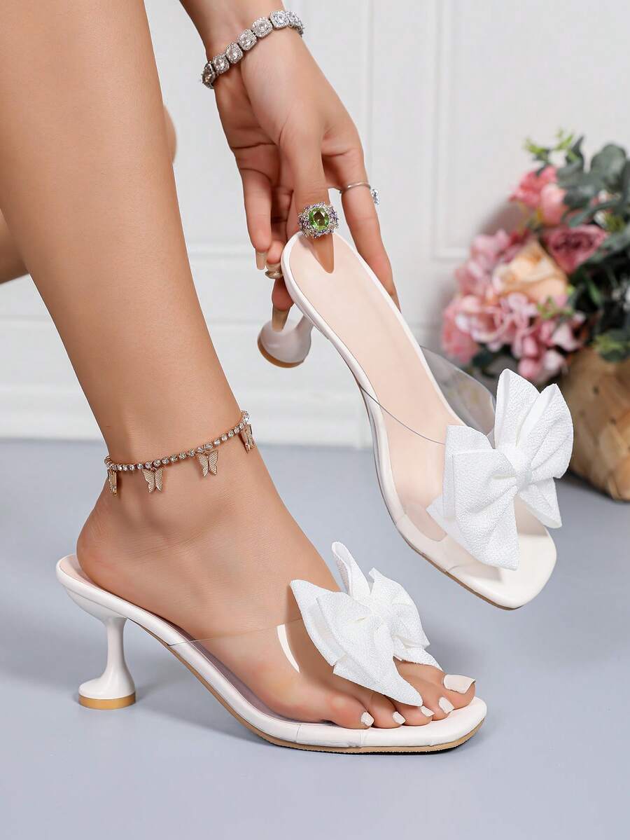 女士时尚透明鞋面优雅白色蝴蝶结装饰电镀小猫跟高跟凉鞋，舒适优雅的细高跟凉鞋，适合派对、性感派对、时尚奢华的西部婚礼、仙女婚礼等场合，ABS塑料（ABS树脂）水钻，母亲节礼物，轻便日常通勤、夜店、婚礼派对、办公室、户外、四季皆宜的拖鞋