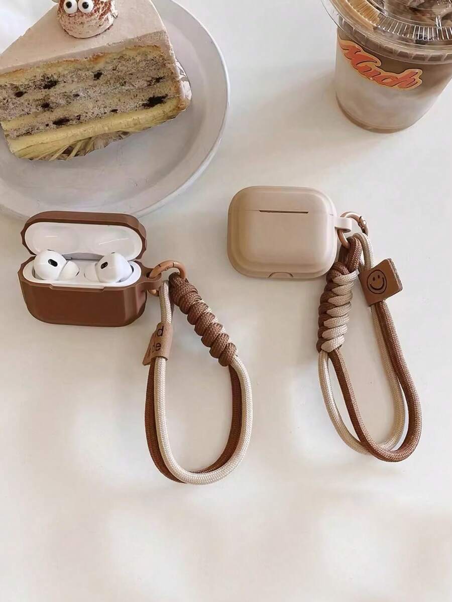 1pc Light Brown Hanging Cord Earphone Case Protective Cover, Woven Strap Compatible With Apple Pro 3, Smiling Face Design, Compatible With Apple 1/2/3/4 Bluetooth Earphones Soft Silicone Case