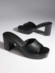 Women Minimalist Open Toe Heeled Mule Sandals Slip On, Thick Heel Casual High Heel Sandals For Outdoor Spring/Summer - Black - View 4