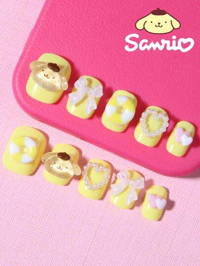  24 Stück Hello Kitty Sanrio süße 3D Pudding Hund Nagel Aufkleber, dekoriert mit Schleifen, Herzen und Perlen, perfekt für Acrylnägel, enthält 1 Gelee Gel und 1 Nagelfeile. Hello Kitty Nagel Aufkleber geeignet für Frauen und Mädchen für den täglichen Gebrauch und Partys.