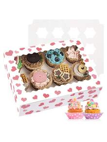3个/5个装情人节心形纸杯蛋糕盒，饼干盒，自爆糖果盒，适用于蛋糕、松饼、甜甜圈和糕点，适合派对、情人节、圣诞节、生日等场合，12个装优质纸质纸杯蛋糕盒 - 彩色 - 查看 4