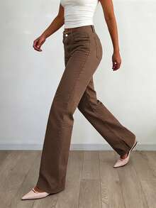 春季女士中腰复古直筒牛仔裤，修身高腰效果简约休闲牛仔裤，时尚百搭长裤。 - 咖啡棕 - 查看 4