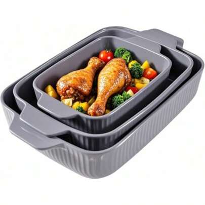 Ceramic Casserole Dishes For Oven Set Of 3 Pcs Rectangular Bakeware Set With Handle For Steak Beef Baking Pan Roast Chicken Spaghetti Lasagna Pan Vegetables Microwave Oven And Dishwasher  Gray 14.8''/12.7''/9.8''