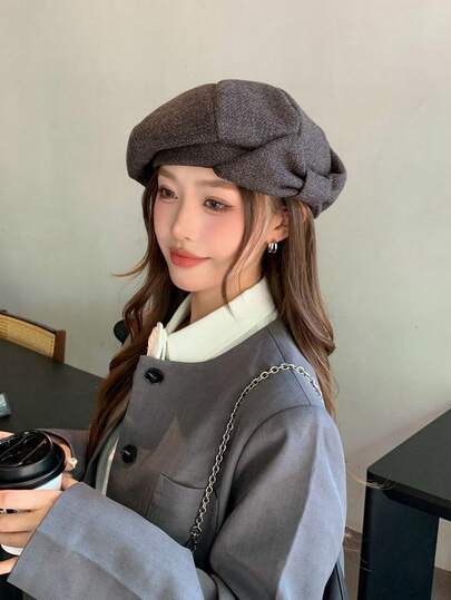 女士优雅波西米亚风派对休闲可爱复古街头甜美蝴蝶结贝雷帽，儿童时尚百搭艺术家帽，适合日常、旅行、购物，复古蝴蝶结贝雷帽，秋冬日式艺术家帽，报纸儿童帽，大头围云朵花贝雷帽