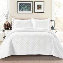 Single Double King Size Bedding Set - Embossed Ruffle Quilted Bedspread Throw - White - View 7