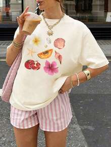 Women's Summer New Simple Slogan Print Casual Vacation Style Loose Fit Round Neck Short Sleeve T-Shirt, Fashionable Everyday Top, Suitable For Daily And Vacation Wear. Women's T-Shirt Top. - Apricot - View 3