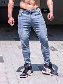 1pc Men's Slim Fit Elastic Streetwear Cargo Jogger Pants, Breathable Casual Solid Color Jeans For All Seasons, Suitable For Urban Walking - Dusty Blue - View 2