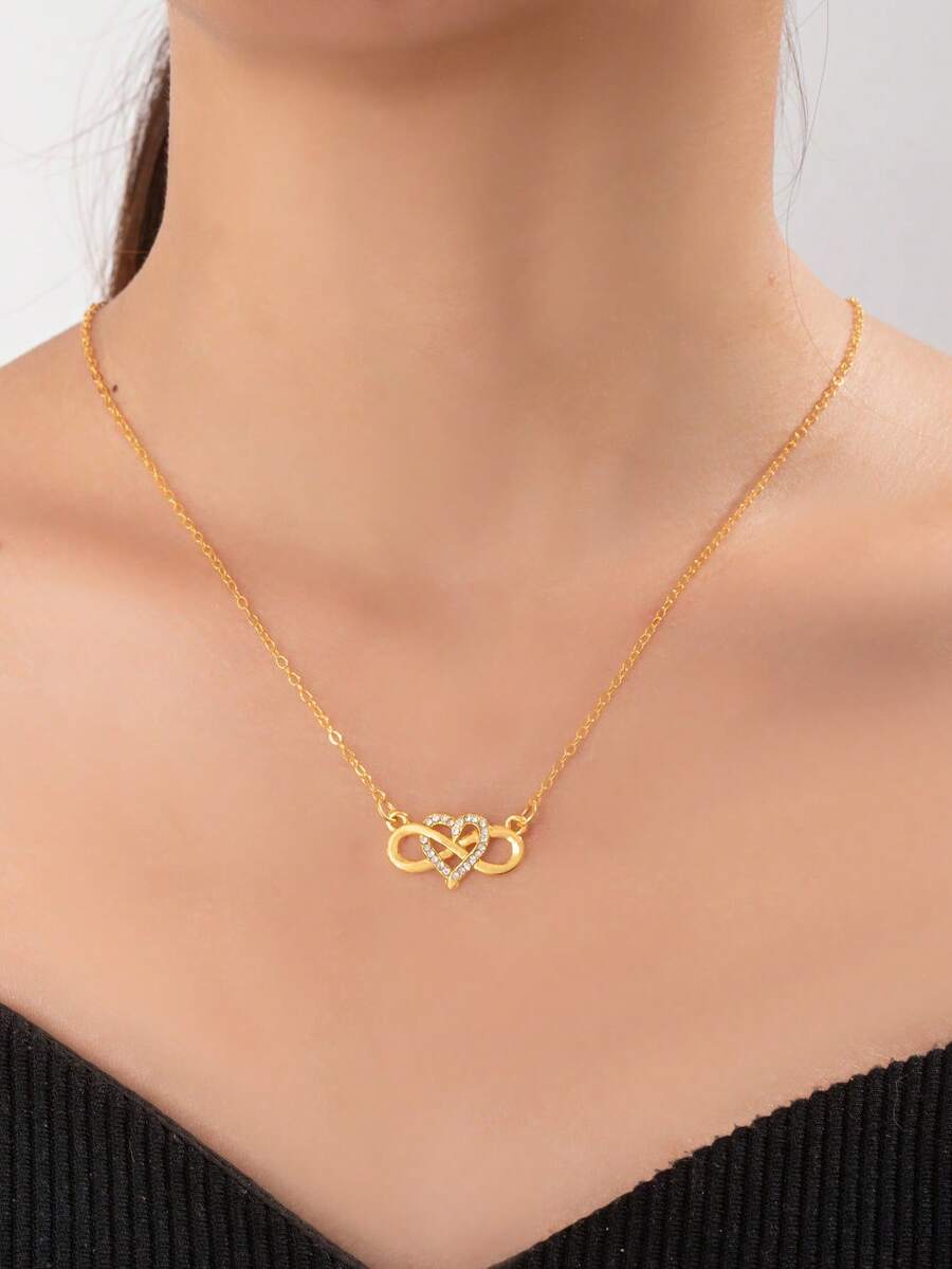 1 pieza Collar con colgante de corazón infinito incrustado con rhinestones, collar de mujer Mobius de amor eterno - Dorado - Ver 1