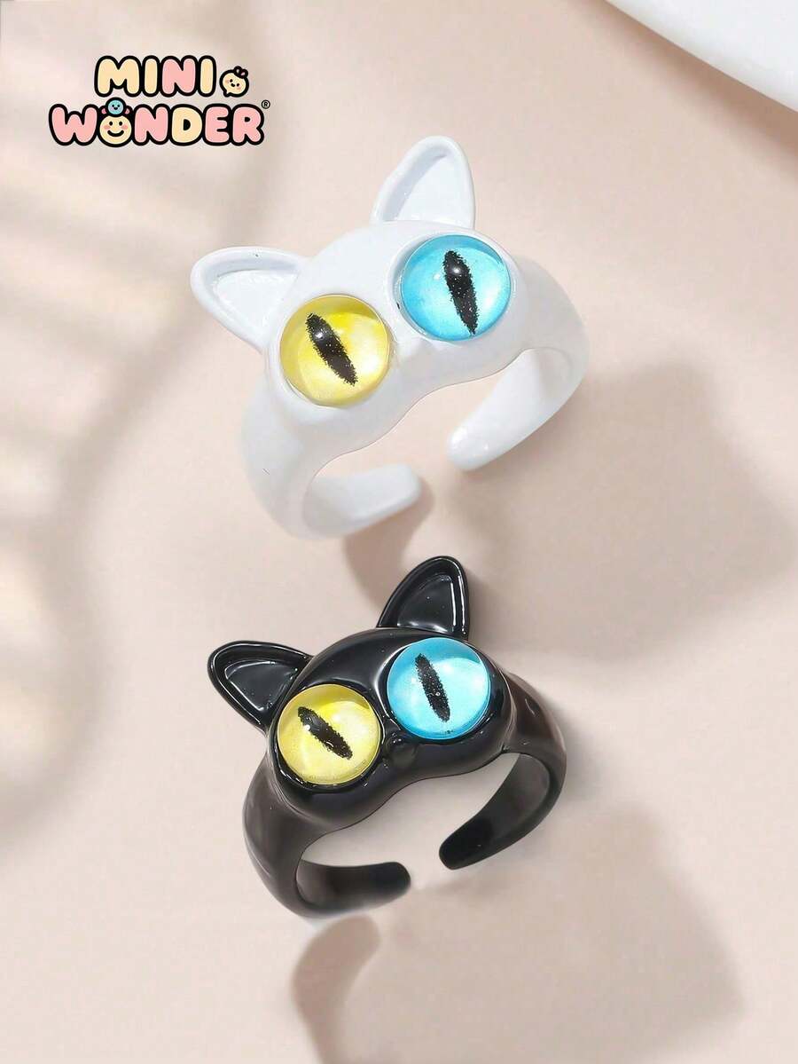 2 piezas/1 pieza Anillos de dibujos animados de monstruitos lindos, anillos con ojos grandes y adorables para cubrir la boca, súper adorables y divertidos para mejores amigos - Unitalla - Ver 1