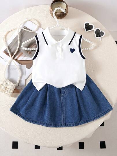 2pcs/Set Toddler Girls' Casual Loose Fashionable Cute & Energetic Heart Decor Colorblock Polo Neck Sleeveless Top And Vintage Hong Kong Style Pleated Blue Denim Skirt, Summer