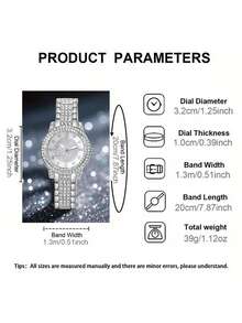 2PCS Luxury And Gorgeous Women's Quartz Watch Set, Women's Silver Jewelry Set (Including A Fully Rhinestone-Studded Silver Metal Strap Quartz Watch With Roman Numeral Dial And A Fully Rhinestone Silver Bracelet).