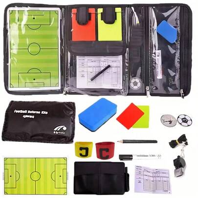 Juego completo de árbitro de fútbol con accesorios, incluye libreta de árbitro, pizarra táctica, silbato, selector de lanzamiento de moneda, tarjetas rojas/amarillas, brazalete de capitán y diagramas de campo de entrenamiento/partido (equipo de árbitro portátil)