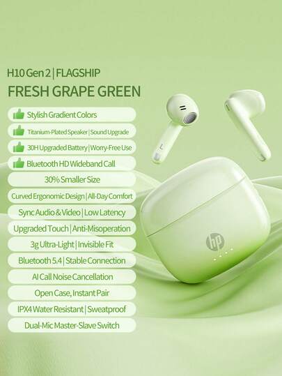  HP 无线耳机，真无线降噪耳机，兼容苹果、安卓等设备，配有充电盒，理想的圣诞礼物（绿色）