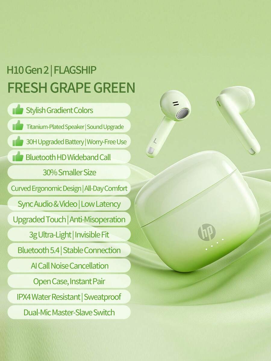HP 无线耳机，真无线降噪耳机，兼容苹果、安卓等设备，配有充电盒，理想的圣诞礼物（绿色） - 綠色 - 查看 1