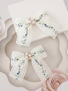 2pcs Teen Girls Floral Pattern Bow Decor Alligator Hair Clip - Multicolor - View 4