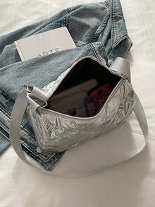 1pc Quilted Shiny Polyester Zipper Crossbody Bag, Fashionable For Women Daily Use - Silver - View 8
