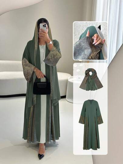 女士长袍，拼布提花装饰长袍及头巾，绿色连衣裙 - 中东奢华复古风，适合高端室内晚宴，优雅派对礼服
