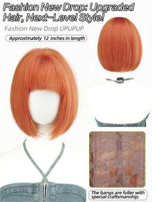 12 Inch Orange Short Bob Wig - Suitable For Beginners, Heat Resistant Synthetic Hair, With Bangs, Suitable For Daily Wear And Cosplay - Multicolor - View 7