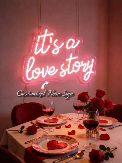 1 pièce Enseigne au néon personnalisée avec gradation, "It's A Story Of Love", thème de la Saint-Valentin, décoration de néon LED, convient pour la Saint-Valentin, la demande en mariage, le mariage, la chambre à coucher, la fête, les cadeaux personnalisés, les fournitures de cuisine, les enseignes LED pour féliciter la classe diplômée, la décoration de la pièce, la décoration d'arrière-plan, l'enseigne de fête au néon, la décoration de la maison, l'arrière-plan de mariage, alimentation USB.