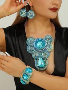 1 Set de collar, aretes y pulsera hechos a mano con alambre de aluminio tejido multicapa, resina y cristales con estilo bohemio, europeo y de Oriente Medio, elegante para mujeres, adecuado para fiestas, banquetes y vacaciones - Celeste - Ver 6