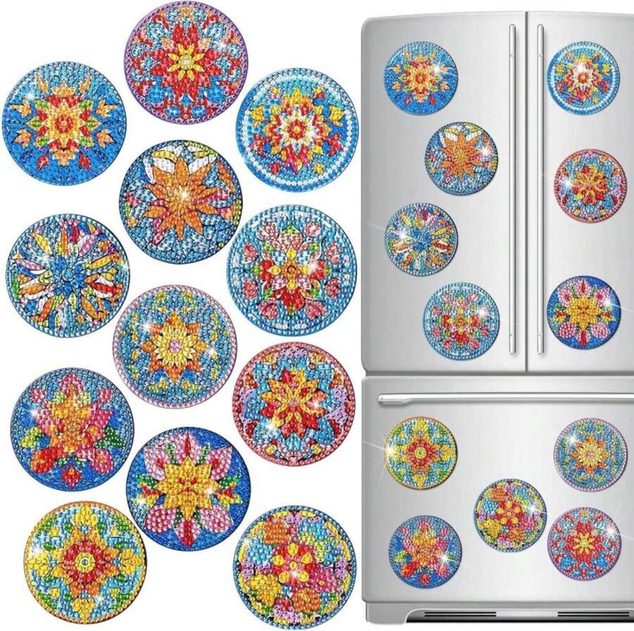 Zonon 12 Pcs Refrigerator Diamond Painting Magnets Easy Diamond Art Painting Magnetic Stickers Kits Fridge Magnets For Adults DIY Home Decors(Multicolor Mandala) - ColorI - 查看 1