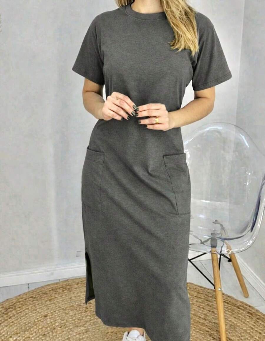 Cotton Midi Dress With Pocket - Dark Grey - View 1