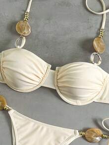 Bikinx Bộ bikini nữ gợi cảm màu trơn, hở lưng, buộc dây phía trước, xếp ly, có gọng, thích hợp cho bãi biển và kỳ nghỉ hè. - Màu be - Xem 4