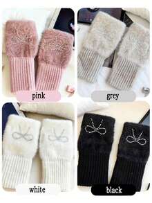 1 Pair Women's Fashion Plush Bow Rhinestone Half Finger Gloves, Versatile Casual Warm Winter Fingerless Gloves For Students, Writing, Office Summer - Multicolor - View 2
