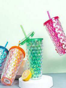1个色彩缤纷的欧美创意菱形杯，时尚吸管杯，双层塑料水杯，漂亮的菱形吸管杯，适合家庭和办公室使用，非常适合冰咖啡和保持饮料冰爽。 - 彩色 - 查看 2