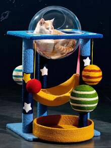 Dreamy Starry Sky Cat Tree With Spaceship Shaped Cat Scratching Post And Perch