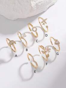 1pc Twinkle Boho Ring Set Gold Crystal Joint Knuckle Finger Rings Stackable Moon Star Heart Flower Ring For Women And Girls, Daily Wear, Mom Gift - Yellow Gold - View 8