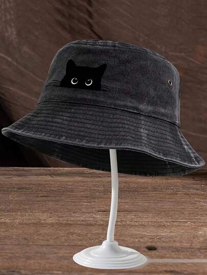 1pc New Outdoor Black Cat Printed Bucket Hat, Suitable For Outdoor Activities, Unique Sun Protection Cap, Casual, Polyester