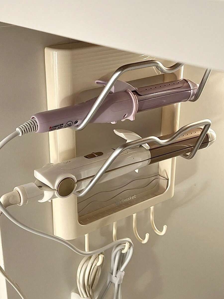 1Pc Wall-Mounted Hair Dryer Holder Styling Tool Organizer With Hook, 2-Shelf Durable Plastic Hair Straightener Stand ,Multi-Functional, Easy-To-Install, Space-Saving Bathroom Organizer, Anti-ScaldSuitable For Placing Hair Curlers, Straighteners, Flat Iron, Cabinet Door, Bathroom, Dormitory Desk - Multicolor - View 1